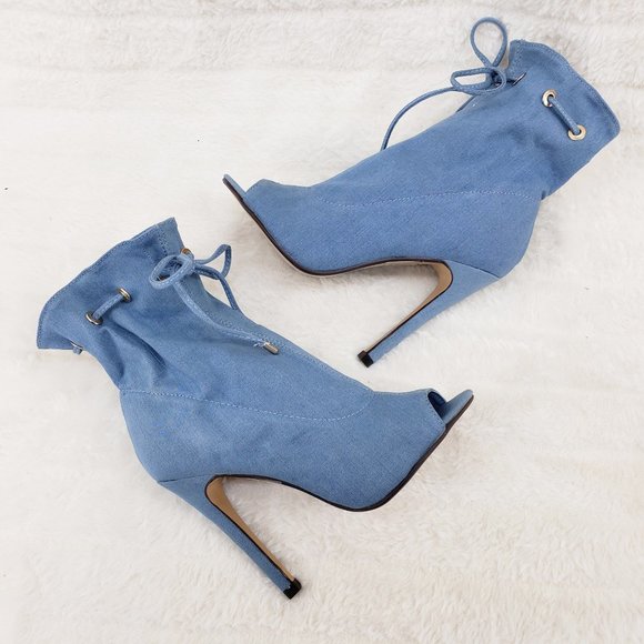 Denim Drawstring Open Toe High Heel Ankle Boots - Picture 3 of 9